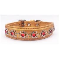 Small Metallic Old Gold Puppy Dog Collar With Red Jewel Flower Fits Neck 9-10.5"