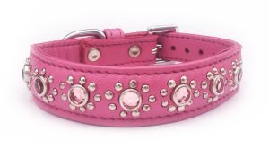 Small Pink Leather Puppy Dog Collar With Jewel Flower Fits Neck 9-10.5"