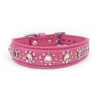 Small Pink Leather Puppy Dog Collar With Jewel Flower Fits Neck 9-10.5"