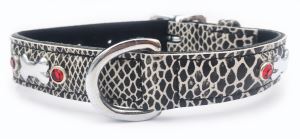 Medium Jewelled Silver Snakeskin Print Dog Collar, Fits Neck Size; 12.5-16"