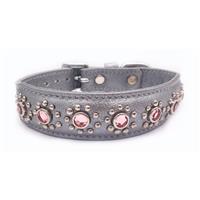 Small Grey Leather Puppy Dog Collar With Flower Jewels, Fits Neck 9 -10.5" 