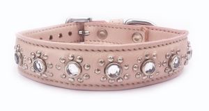 Small Bisque Beige Leather Puppy Dog Collar Jewelled Flower Fits Neck 9-10.5"