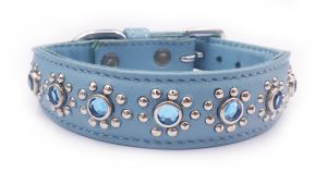 Small Baby Blue Leather Puppy Dog Collar With Flower Jewel Fits Neck 9-10.5"