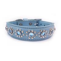 Small Baby Blue Leather Puppy Dog Collar With Flower Jewel Fits Neck 9-10.5"