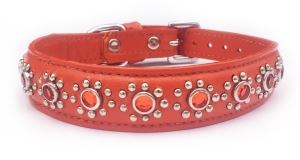 Small Orange Leather Puppy Dog Collar With Flower Jewel Fits Neck 9-19.5"