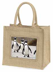 Penguins on Sandy Beach Natural/Beige Jute Large Shopping Bag