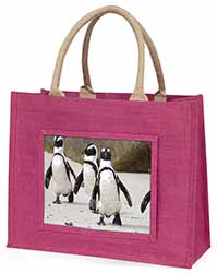 Penguins on Sandy Beach Large Pink Jute Shopping Bag