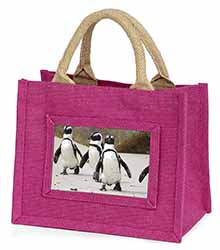 Penguins on Sandy Beach Little Girls Small Pink Jute Shopping Bag