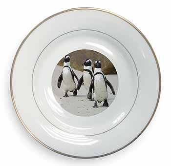 Penguins on Sandy Beach Gold Rim Plate Printed Full Colour in Gift Box