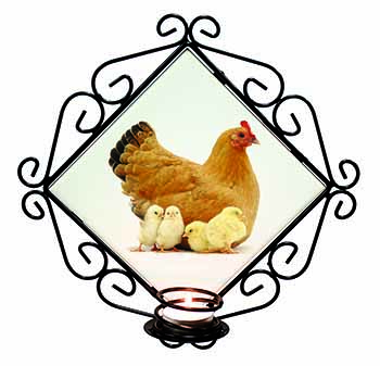 Hen with Baby Chicks Wrought Iron Wall Art Candle Holder