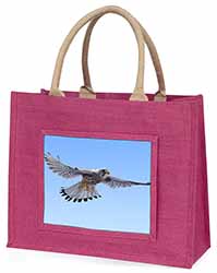 Flying Kestrel Bird of Prey Large Pink Jute Shopping Bag