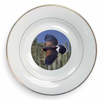 Flying Harris Hawk Bird of Prey Gold Rim Plate Printed Full Colour in Gift Box