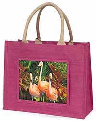 Pink Flamingo Print Large Pink Jute Shopping Bag