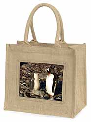 Penguins on Pebbles Natural/Beige Jute Large Shopping Bag