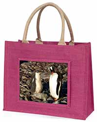 Penguins on Pebbles Large Pink Jute Shopping Bag