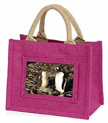 Penguins on Pebbles Little Girls Small Pink Jute Shopping Bag