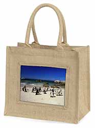 Beach Penguins Natural/Beige Jute Large Shopping Bag