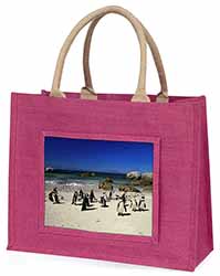 Beach Penguins Large Pink Jute Shopping Bag