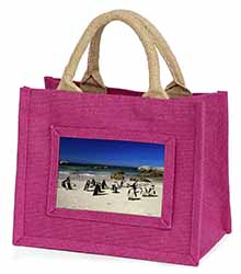 Beach Penguins Little Girls Small Pink Jute Shopping Bag