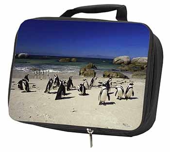 Beach Penguins Black Insulated School Lunch Box/Picnic Bag