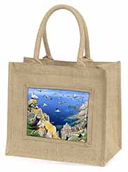 Puffins and Sea Bird Montage Natural/Beige Jute Large Shopping Bag