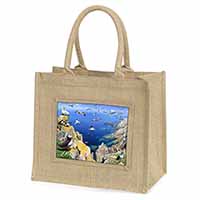 Puffins and Sea Bird Montage Natural/Beige Jute Large Shopping Bag