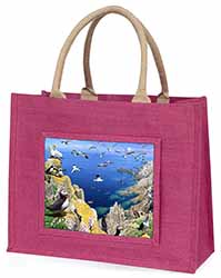 Puffins and Sea Bird Montage Large Pink Jute Shopping Bag