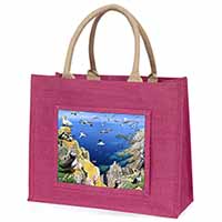 Puffins and Sea Bird Montage Large Pink Jute Shopping Bag