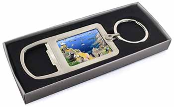 Puffins and Sea Bird Montage Chrome Metal Bottle Opener Keyring in Box