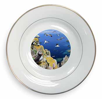 Puffins and Sea Bird Montage Gold Rim Plate Printed Full Colour in Gift Box