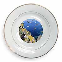 Puffins and Sea Bird Montage Gold Rim Plate Printed Full Colour in Gift Box