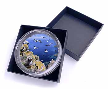 Puffins and Sea Bird Montage Glass Paperweight in Gift Box