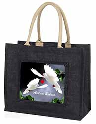 Doves Personalised Valentines Day Gift Large Black Jute Shopping Bag