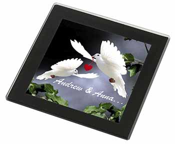 Doves Personalised Valentines Day Gift Black Rim High Quality Glass Coaster