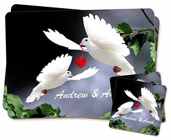 Doves Personalised Valentines Day Gift Twin 2x Placemats and 2x Coasters Set in 