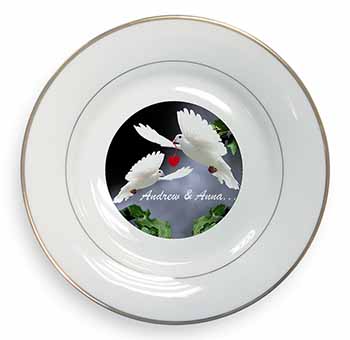 Doves Personalised Valentines Day Gift Gold Rim Plate Printed Full Colour in Gif