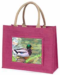 Mallard Duck by Stream Large Pink Jute Shopping Bag