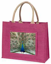 Rainbow Feathers Peacock Large Pink Jute Shopping Bag