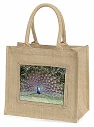 Colourful Peacock Natural/Beige Jute Large Shopping Bag