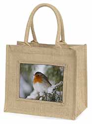 Robin Red Breast in Snow Tree Natural/Beige Jute Large Shopping Bag