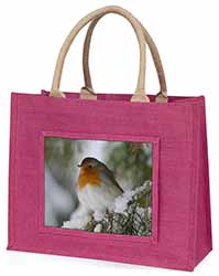 Robin Red Breast in Snow Tree Large Pink Jute Shopping Bag