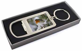 Robin Red Breast in Snow Tree Chrome Metal Bottle Opener Keyring in Box