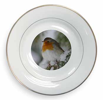 Robin Red Breast in Snow Tree Gold Rim Plate Printed Full Colour in Gift Box