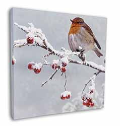 Robin on Snow Berries Branch Square Canvas 12"x12" Wall Art Picture Print