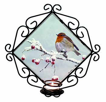 Robin on Snow Berries Branch Wrought Iron Wall Art Candle Holder