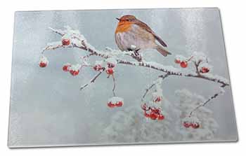 Large Glass Cutting Chopping Board Robin on Snow Berries Branch