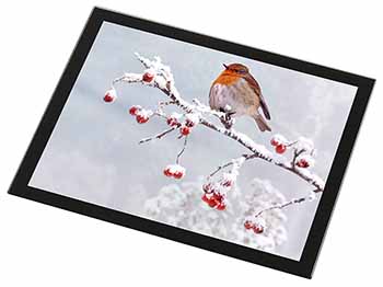 Robin on Snow Berries Branch Black Rim High Quality Glass Placemat