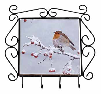 Robin on Snow Berries Branch Wrought Iron Key Holder Hooks