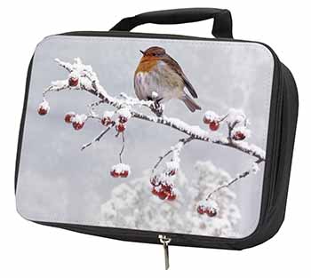 Robin on Snow Berries Branch Black Insulated School Lunch Box/Picnic Bag