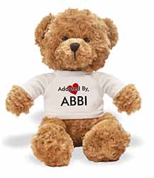 Adopted By ABBI Teddy Bear Wearing a Personalised Name T-Shirt